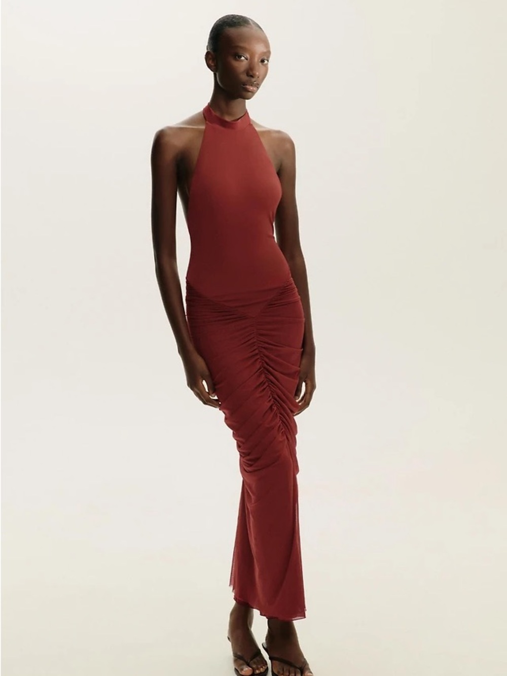 Zara Halter Ruched Maxi Dress - Burgundy Red